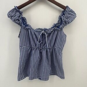 CottageCore Blue Gingham Milkmaid Top Smocked Puff Sleeve Size M